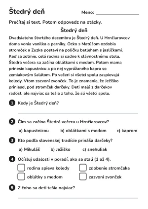 Čítanie s porozumením pre 3. ročník: Štedrý deň – pracovný list na vytlačenie