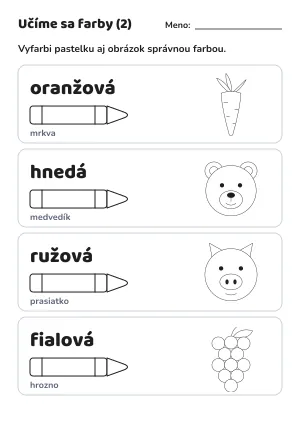 Učíme sa farby: oranžová, hnedá, ružová a fialová – pracovný list – pracovný list na vytlačenie