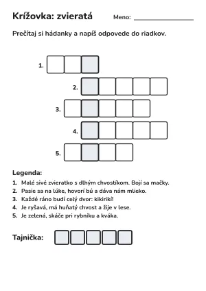 Krížovka pre 1. ročník: zvieratá (s tajničkou) – pracovný list na vytlačenie