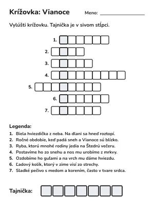 Vianočná krížovka pre 2. ročník (s tajničkou) – pracovný list na vytlačenie