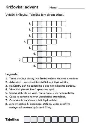 Krížovka pre 3. ročník: advent a vianočné zvyky – pracovný list na vytlačenie