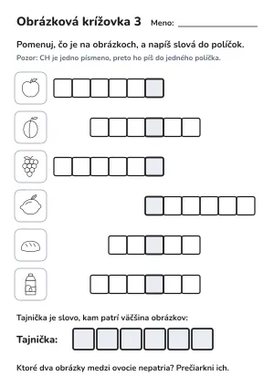 Obrázková krížovka pre deti: ovocie (s písmenom CH) – pracovný list na vytlačenie