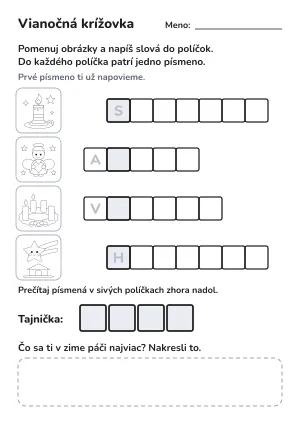 Vianočná obrázková krížovka pre predškolákov s tajničkou – pracovný list na vytlačenie