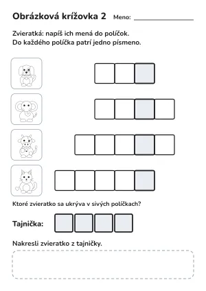 Obrázková krížovka pre deti: zvieratká (od 5 rokov) – pracovný list na vytlačenie