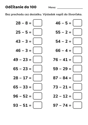 Odčítanie do 100 bez prechodu cez desiatku: pracovný list – pracovný list na vytlačenie