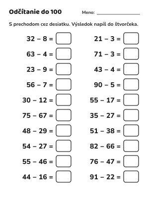 Odčítanie do 100 s prechodom cez desiatku: pracovný list – pracovný list na vytlačenie