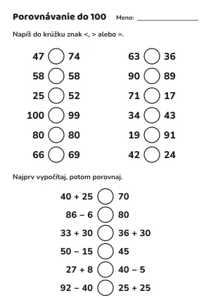 Porovnávanie čísel do 100: znaky <, > a = – pracovný list na vytlačenie