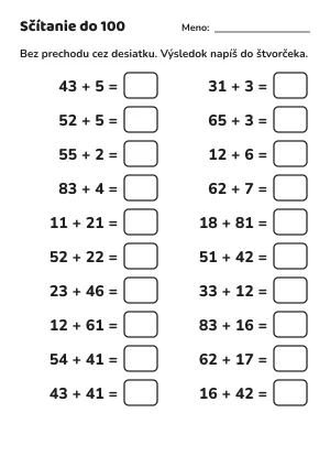Sčítanie do 100 bez prechodu cez desiatku: pracovný list – pracovný list na vytlačenie