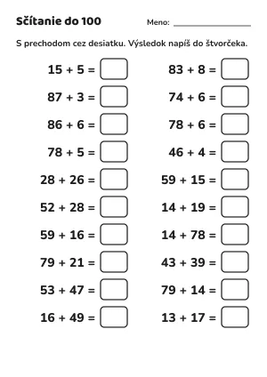 Sčítanie do 100 s prechodom cez desiatku: pracovný list – pracovný list na vytlačenie