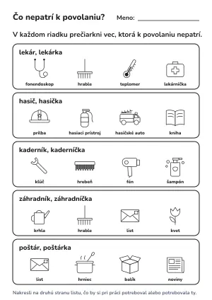 Čo nepatrí k povolaniu: pracovný list pre deti – pracovný list na vytlačenie