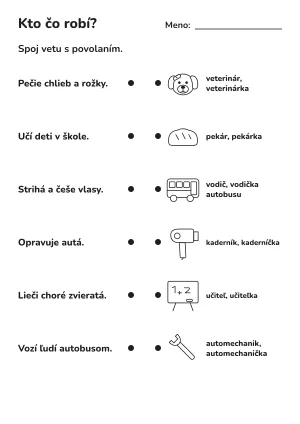 Kto čo robí: povolania pre deti – pracovný list – pracovný list na vytlačenie