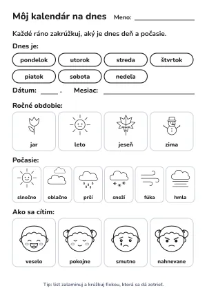 Kalendár pre deti do škôlky: deň, počasie a nálada – pracovný list na vytlačenie
