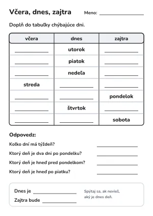 Včera, dnes, zajtra: dni v týždni – pracovný list pre 1. ročník – pracovný list na vytlačenie