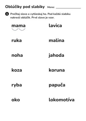 Delenie slov na slabiky: oblúčiky pod slabiky (1. ročník) – pracovný list na vytlačenie