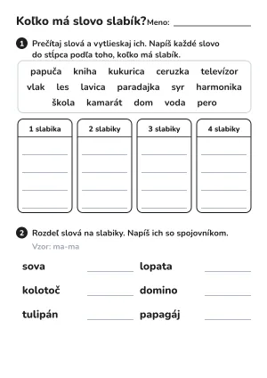 Delenie slov na slabiky: pracovný list pre 2. ročník – pracovný list na vytlačenie