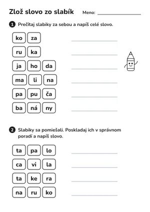 Zlož slovo zo slabík: pracovný list pre 1. ročník – pracovný list na vytlačenie