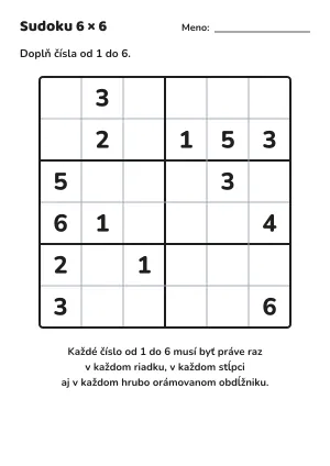 Sudoku 6 × 6 pre deti na vytlačenie (2) – pracovný list na vytlačenie