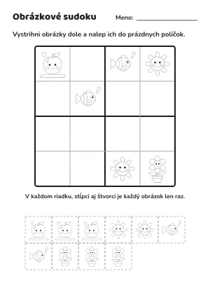 Obrázkové sudoku 4 × 4 pre deti (2) – pracovný list na vytlačenie
