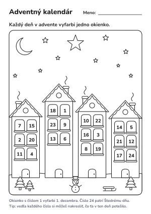 Adventný kalendár na vyfarbenie: dedinka s 24 okienkami – pracovný list na vytlačenie