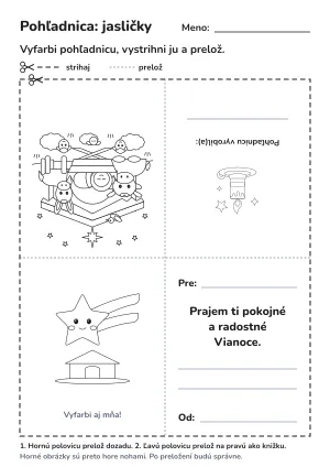 Vianočná pohľadnica na vyfarbenie a preloženie: jasličky – pracovný list na vytlačenie