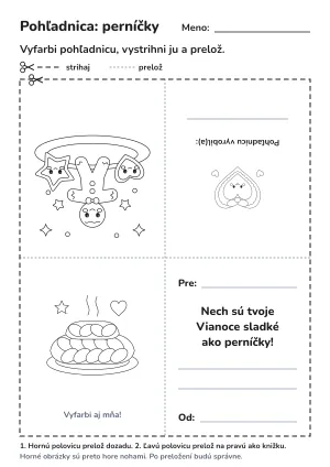 Vianočná pohľadnica na vyfarbenie a preloženie: perníčky – pracovný list na vytlačenie