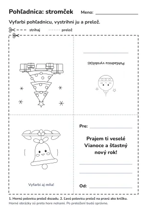 Vianočná pohľadnica na vyfarbenie a preloženie: stromček – pracovný list na vytlačenie